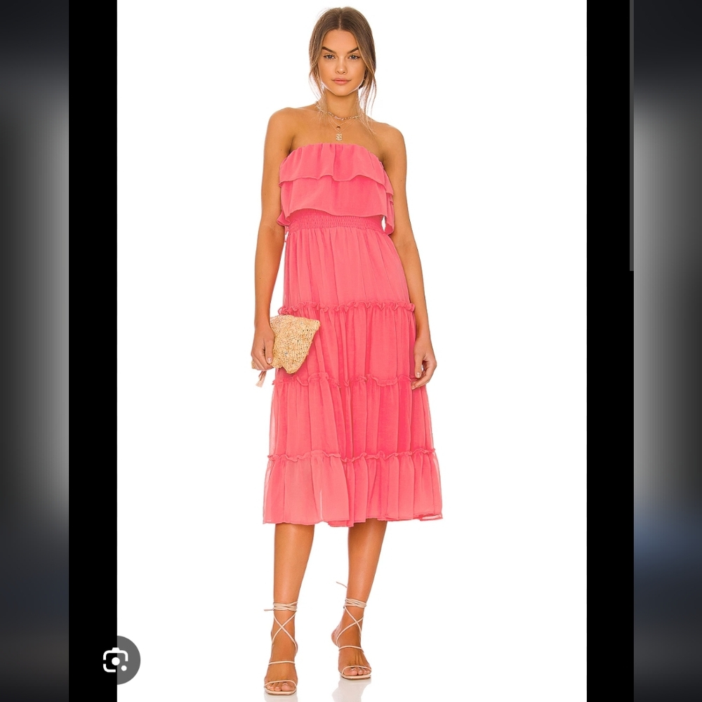 1.STATE Strapless Tiered Midi Dress in Coral Pink